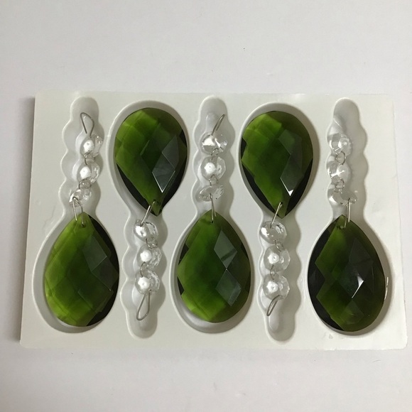 Crystal Chandelier Faceted Prisms Teardrops Olive Green SET OF 5 Ornaments *NOTE - Picture 4 of 8